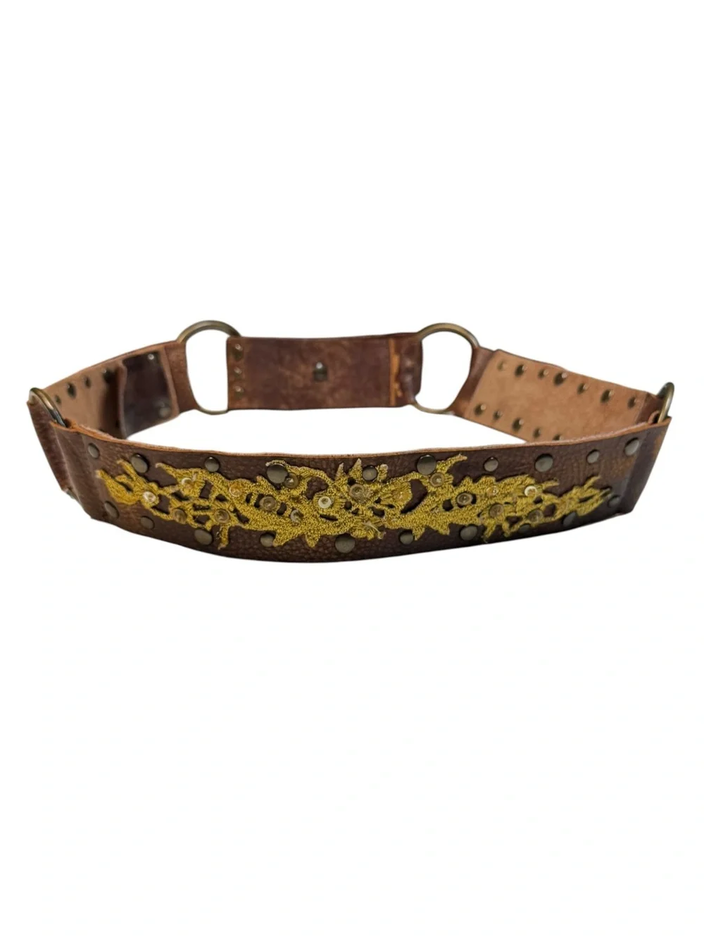 Betsey Johnson Gold Sequin Embroidery Studded Brown Leather Brass Rings Belt M